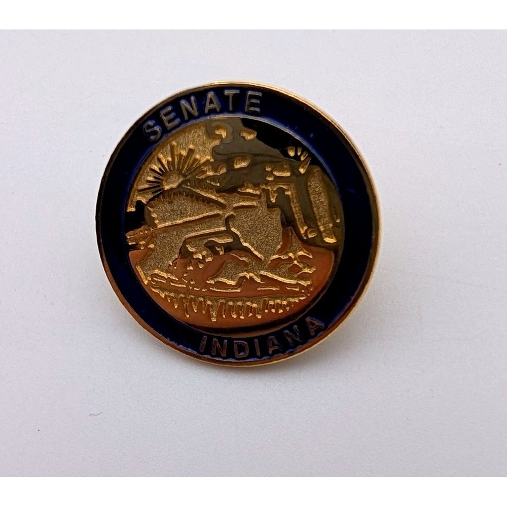 Indiana Senate Lapel Pin Gold Tone Blue Enamel State Seal Political Memorabilia